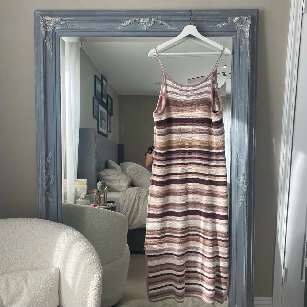 NWT House of Harlow 1960 Boho Neutral Brown Crochet Knit Striped Midi Dress XL - Picture 4 of 9